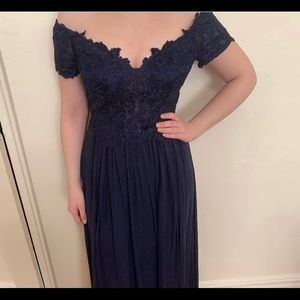 Blue off the shoulder lace dress from Sherri Hill